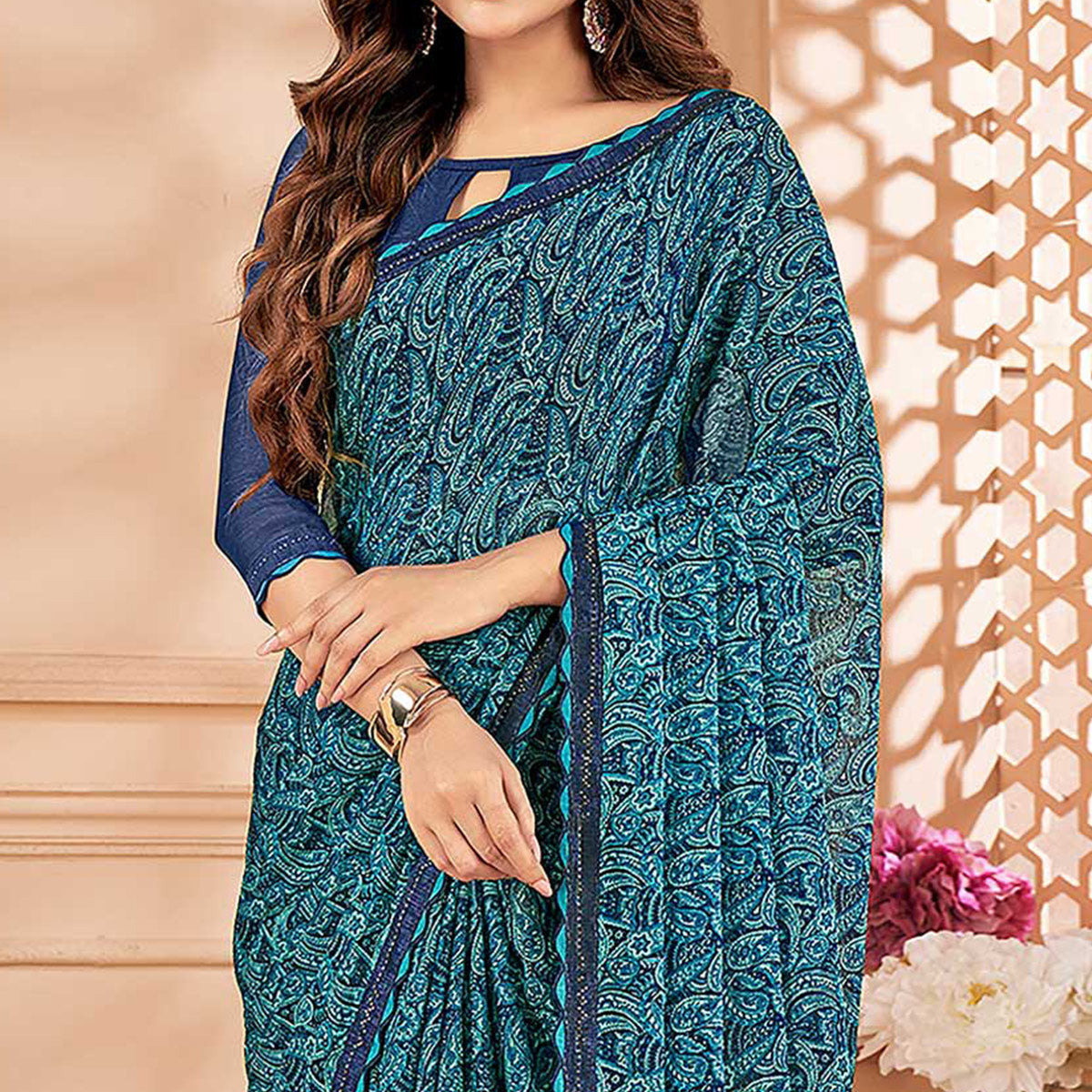 Blue Printed Chiffon Saree With Lace Border
