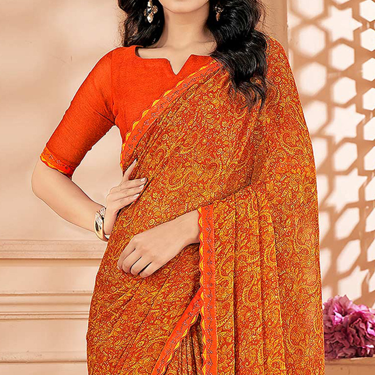 Orange Printed Chiffon Saree With Lace Border