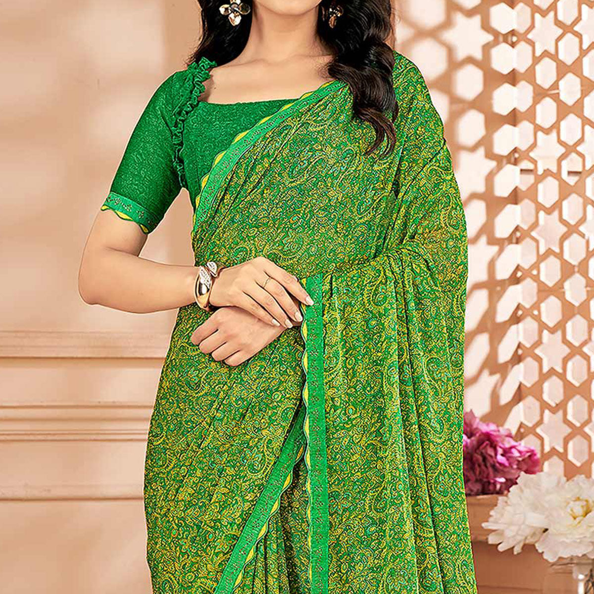 Green Printed Chiffon Saree With Lace Border