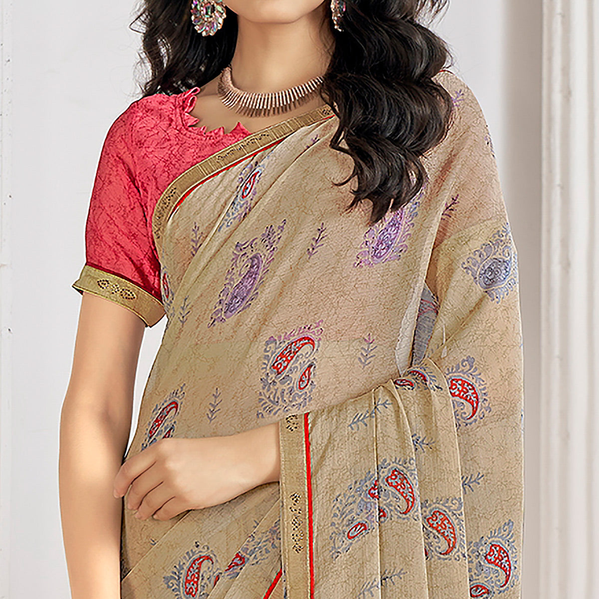 Beige Printed With Swarovski Chiffon Saree