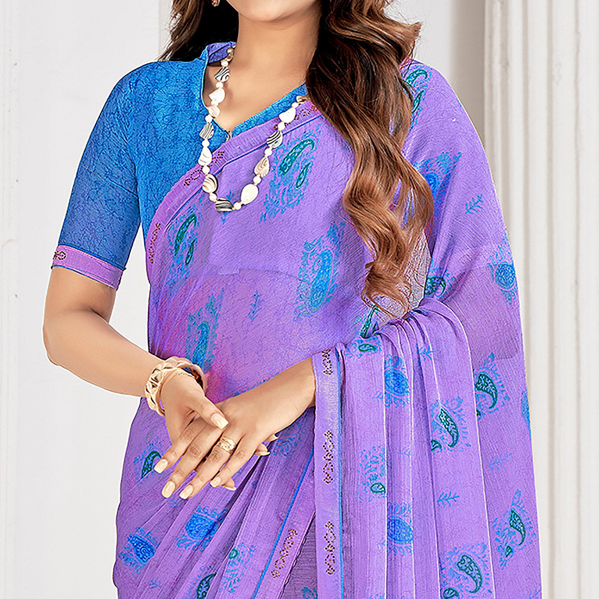 Purple Printed With Swarovski Chiffon Saree