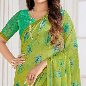 Green Printed With Swarovski Chiffon Saree
