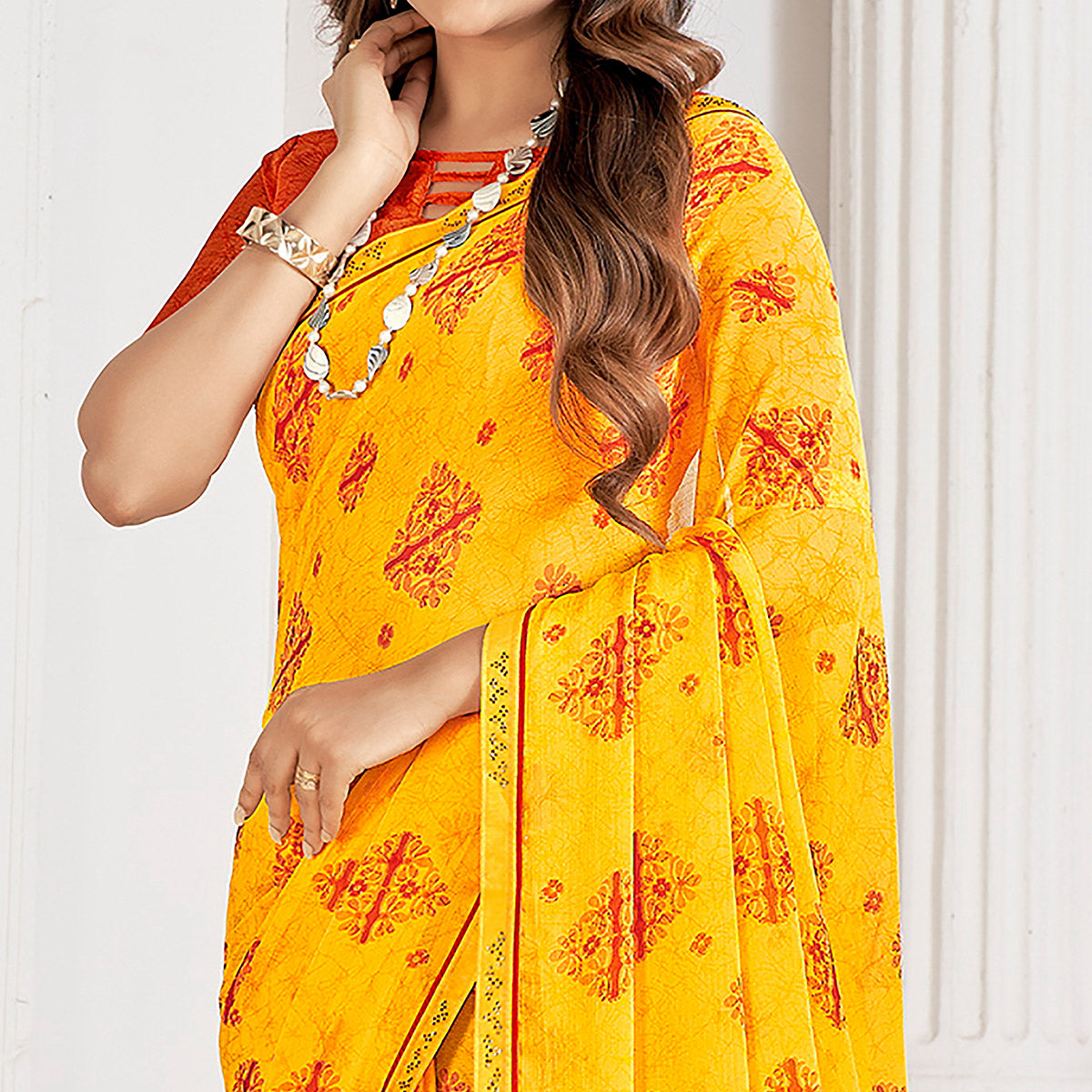 Yellow Printed With Swarovski Chiffon Saree