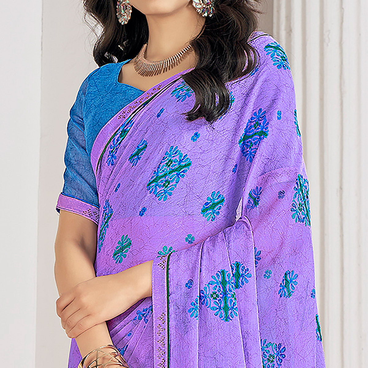 Purple Printed With Swarovski Chiffon Saree