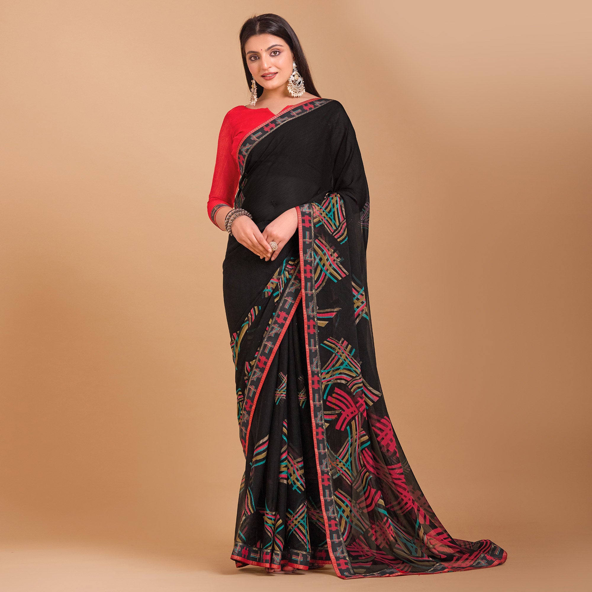 Black Geometric Printed Chiffon Saree