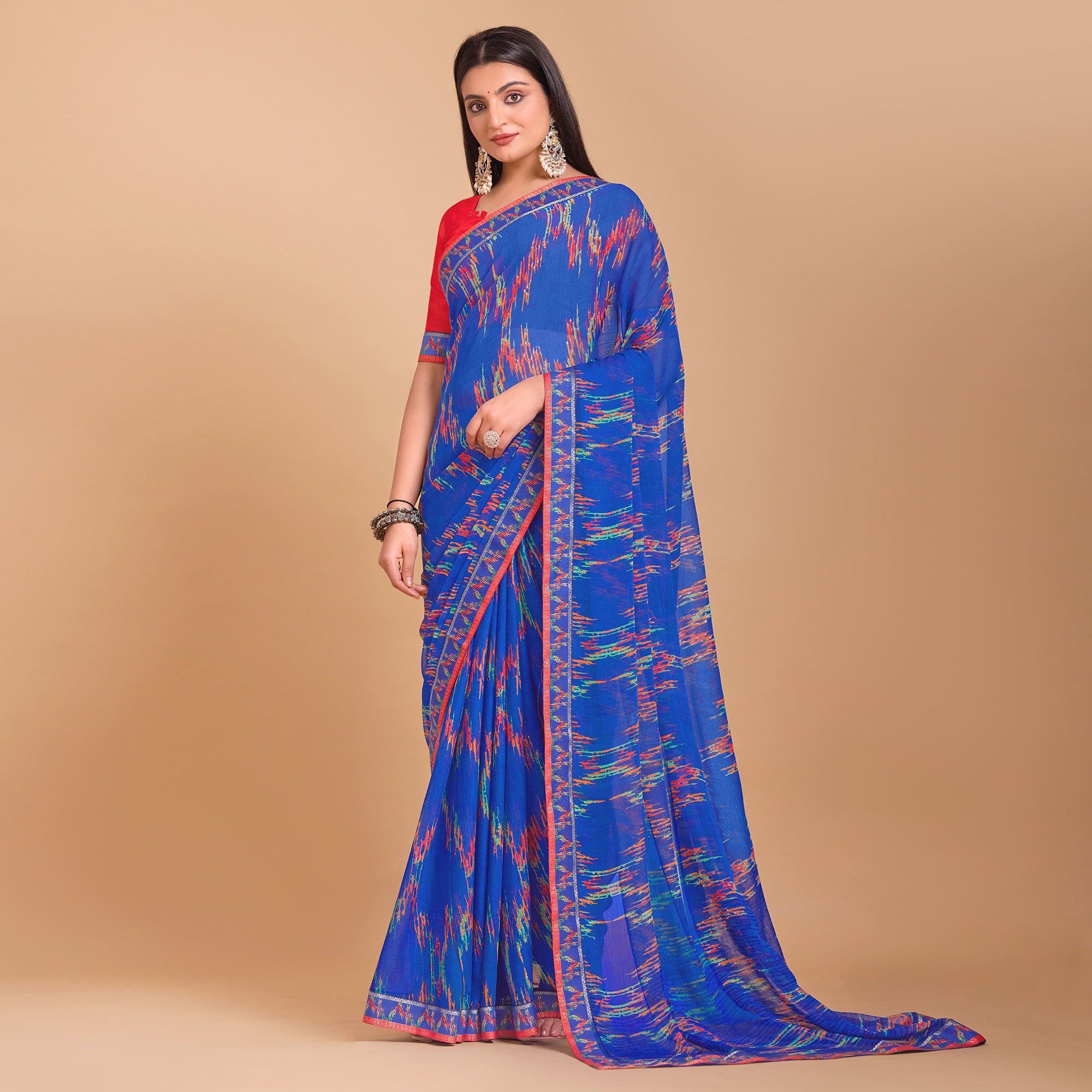 Blue Ikkat Printed Chiffon Saree