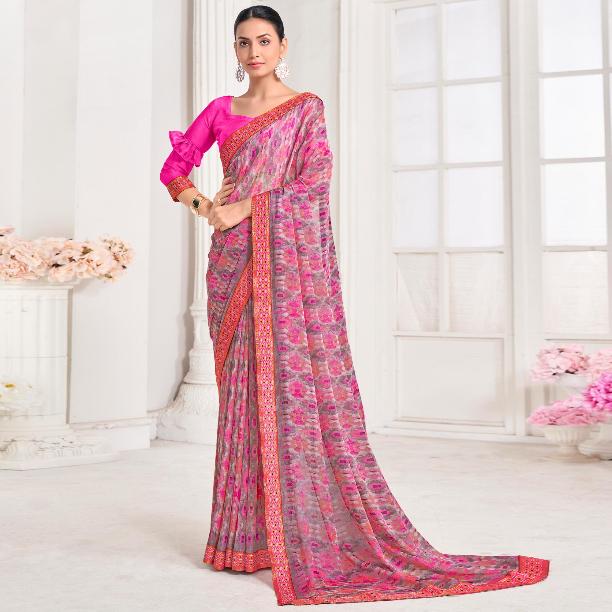 Pink Printed Chiffon Saree With Lace Border