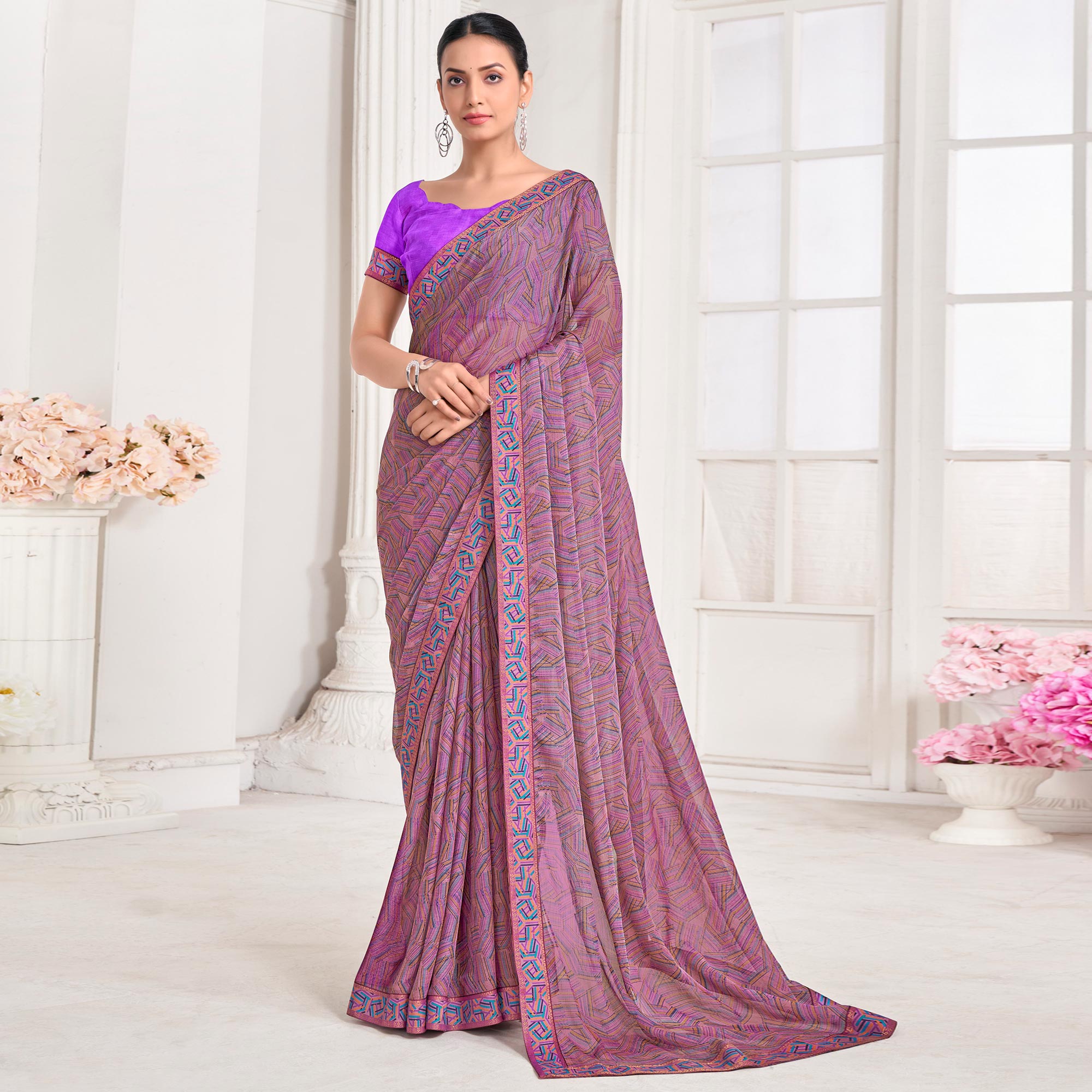 Purple Geometric Printed Chiffon Saree With Lace Border