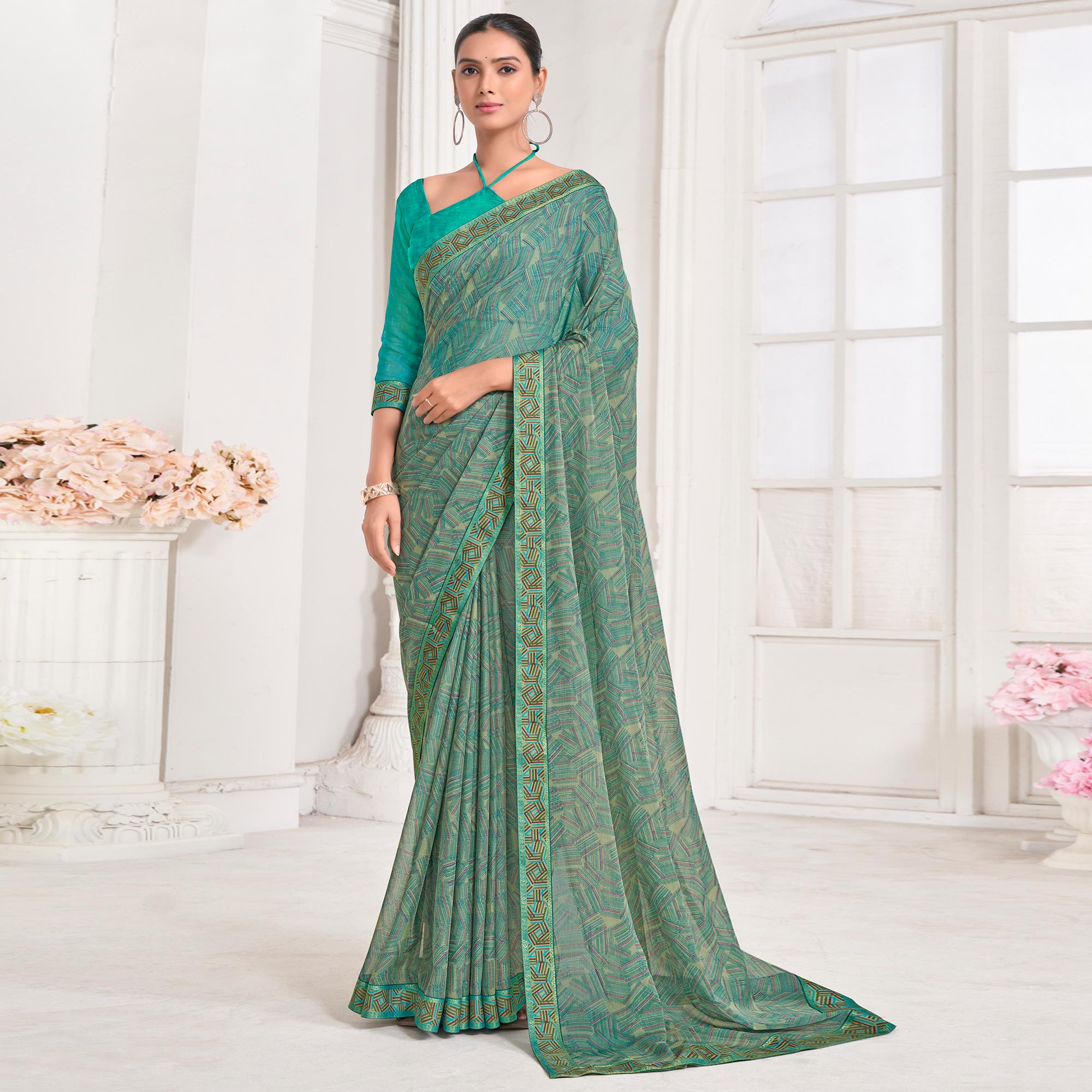 Green Geometric Printed Chiffon Saree With Lace Border