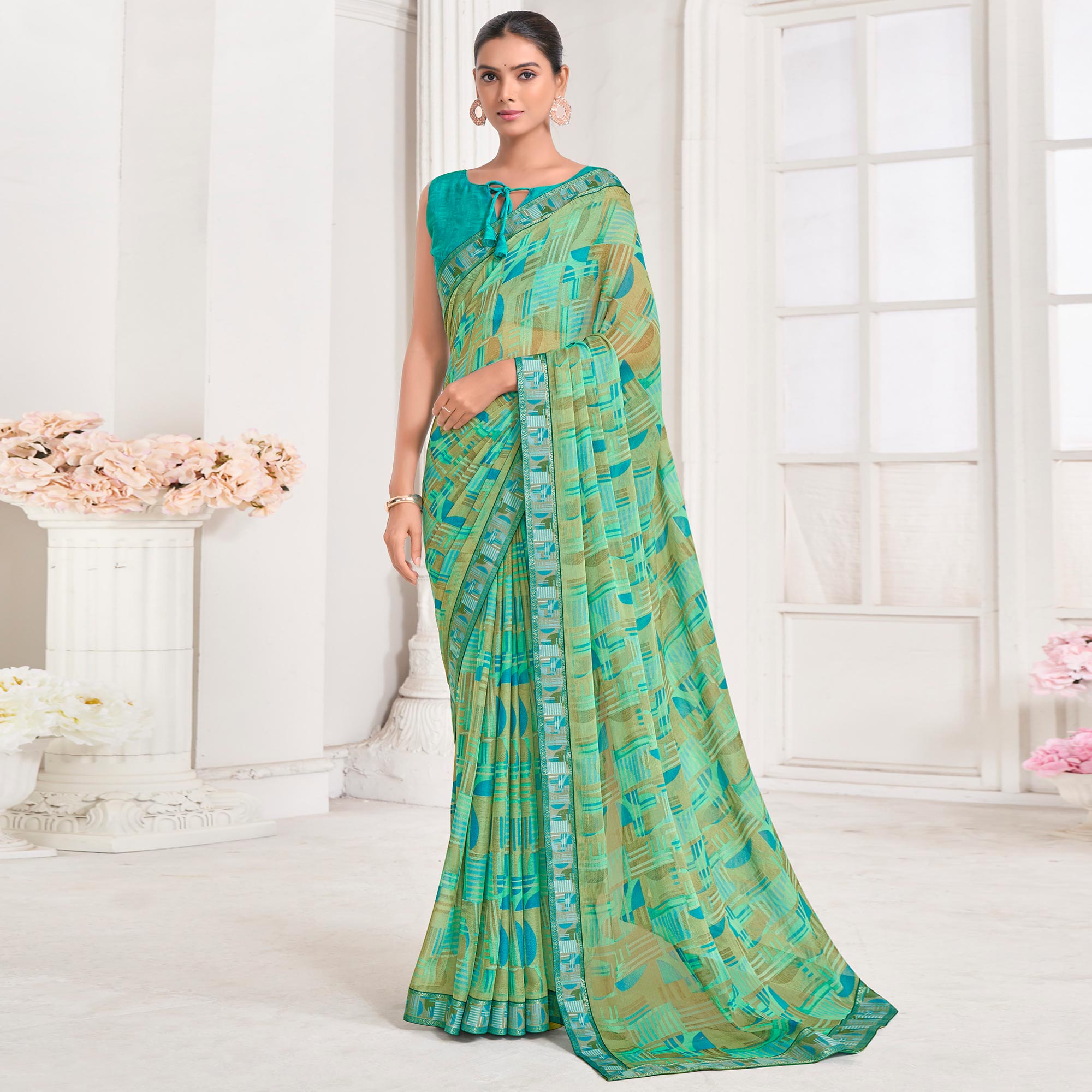 Green Geometric Printed Chiffon Saree With Lace Border