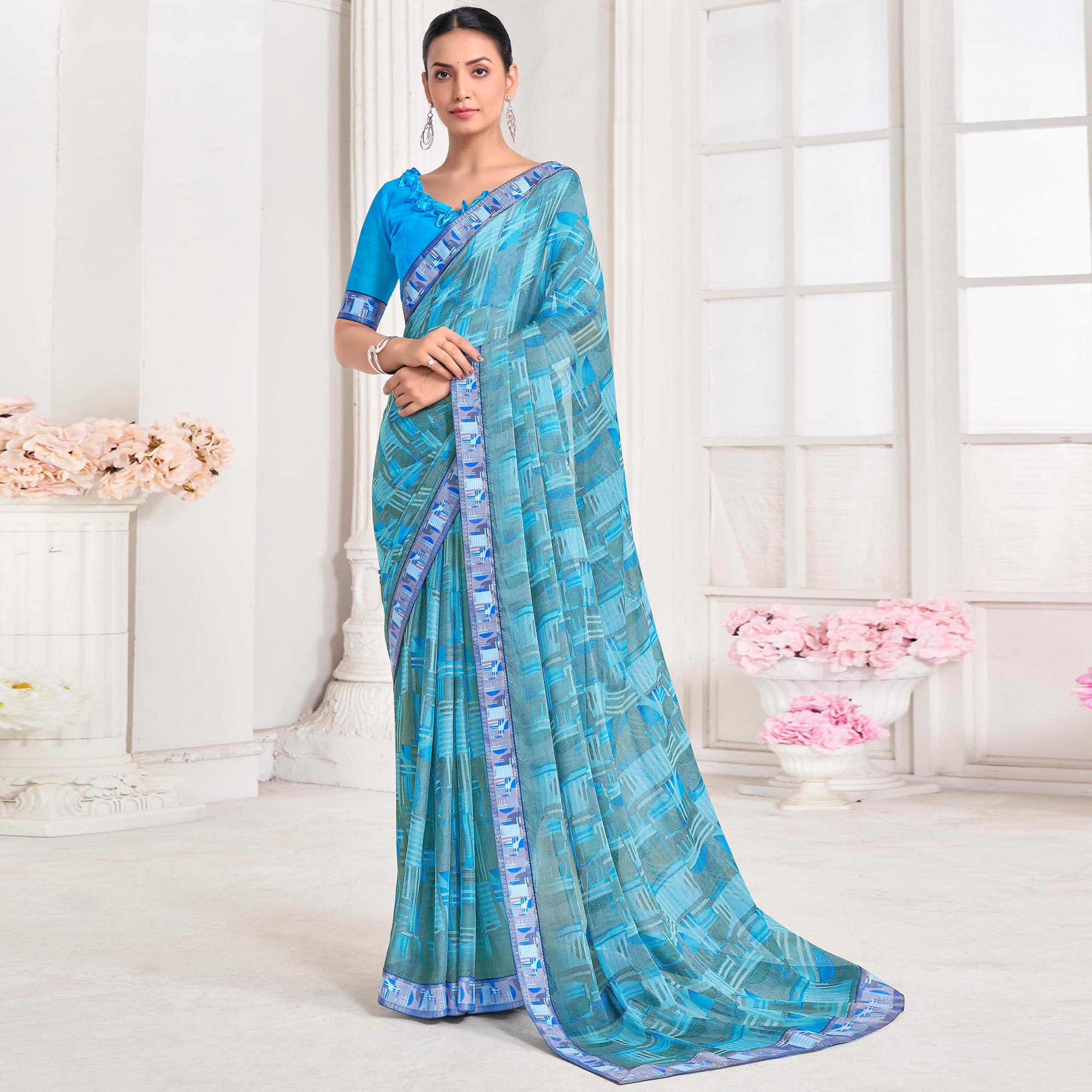 Sky Blue Geometric Printed Chiffon Saree With Lace Border