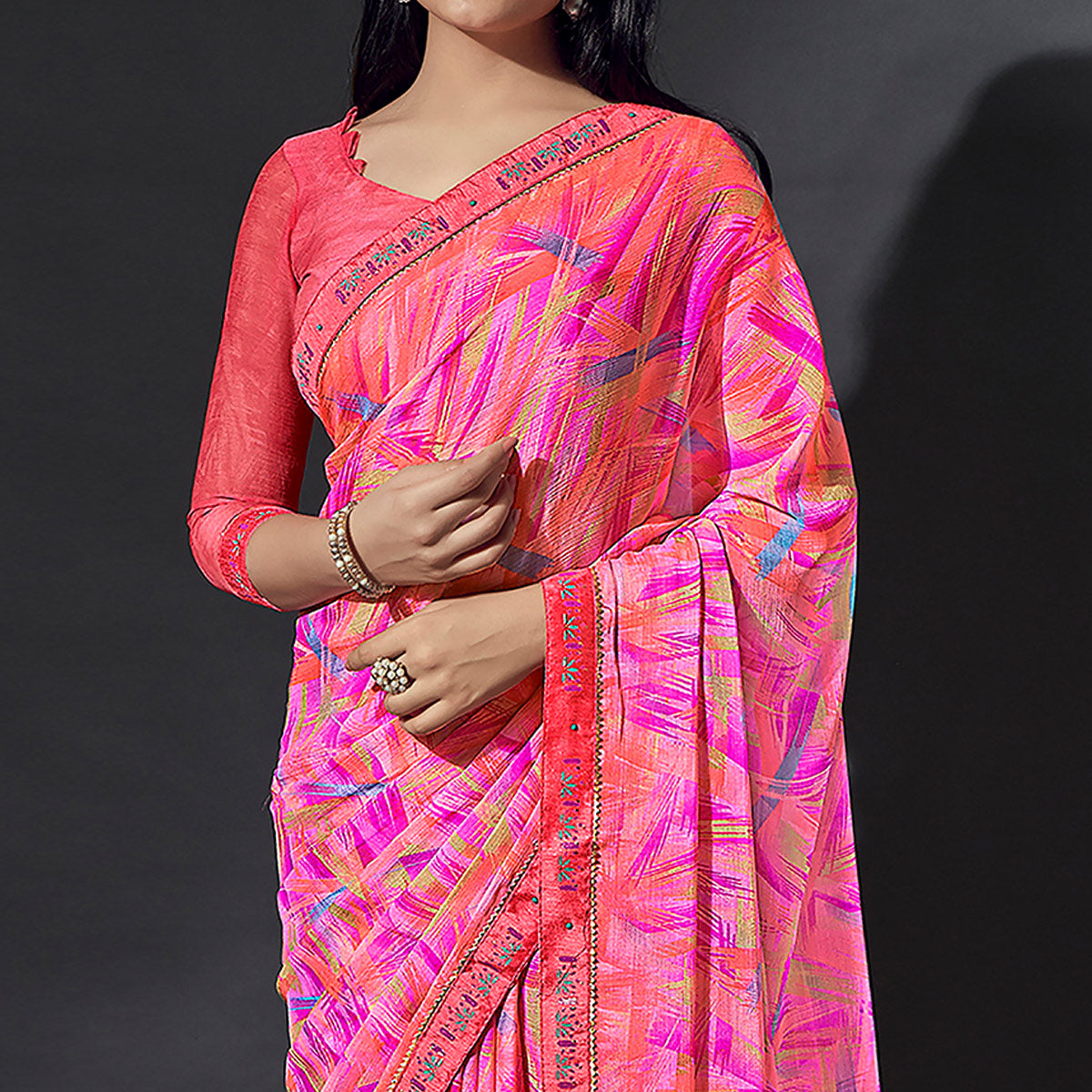 Pink Printed Chiffon Saree With Lace Border