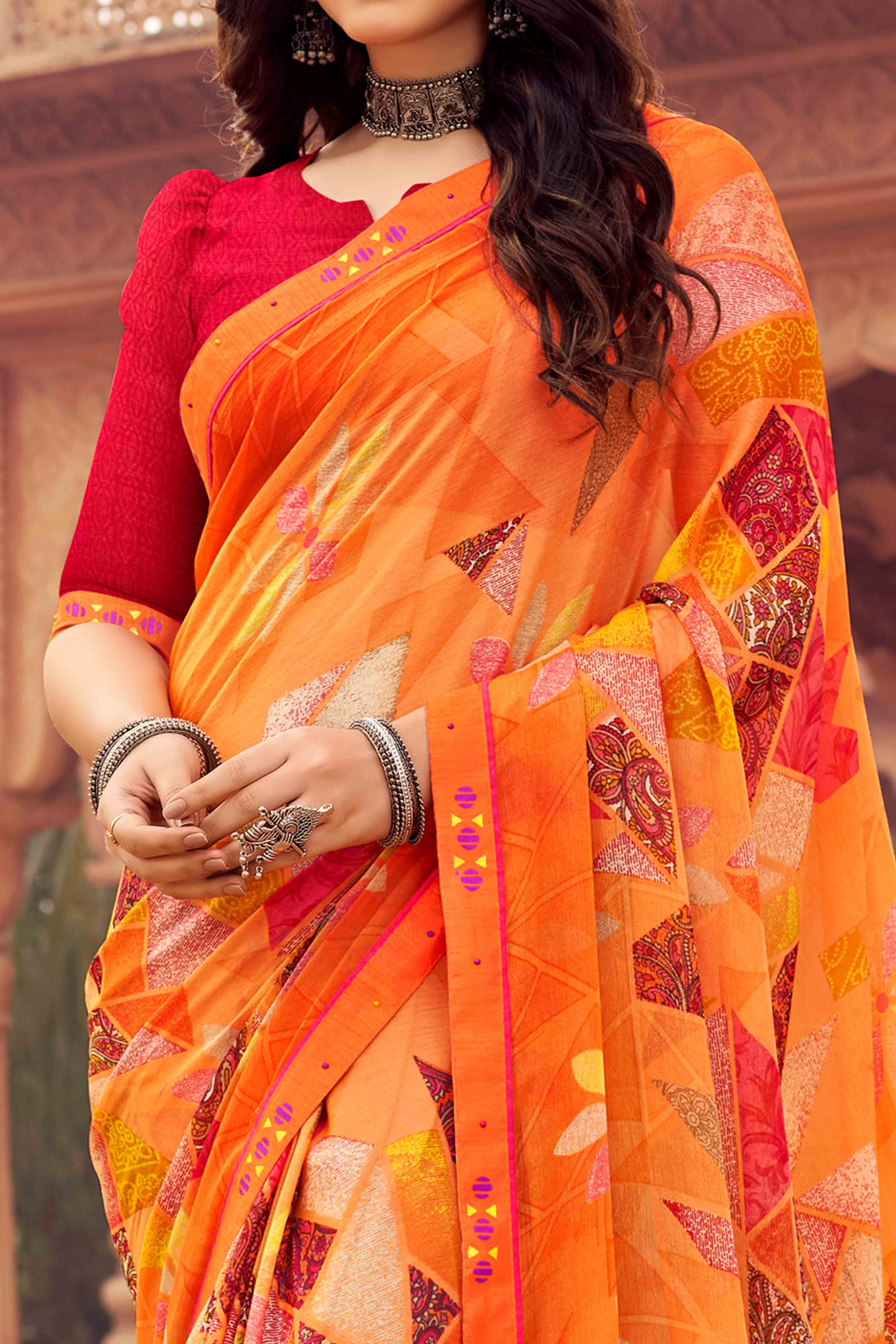 Orange Abstract Printed Chiffon Saree