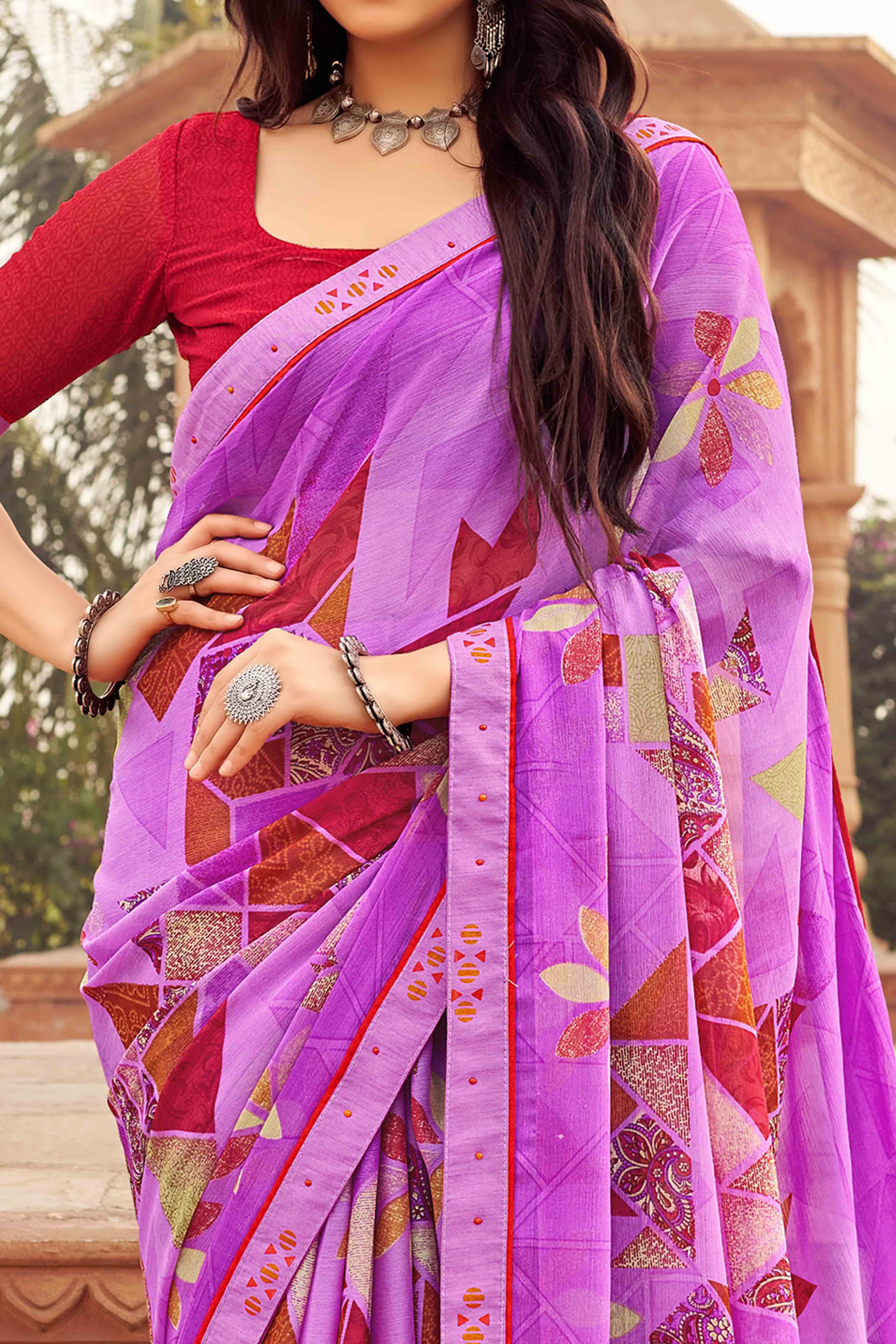 Purple Abstract Printed Chiffon Saree