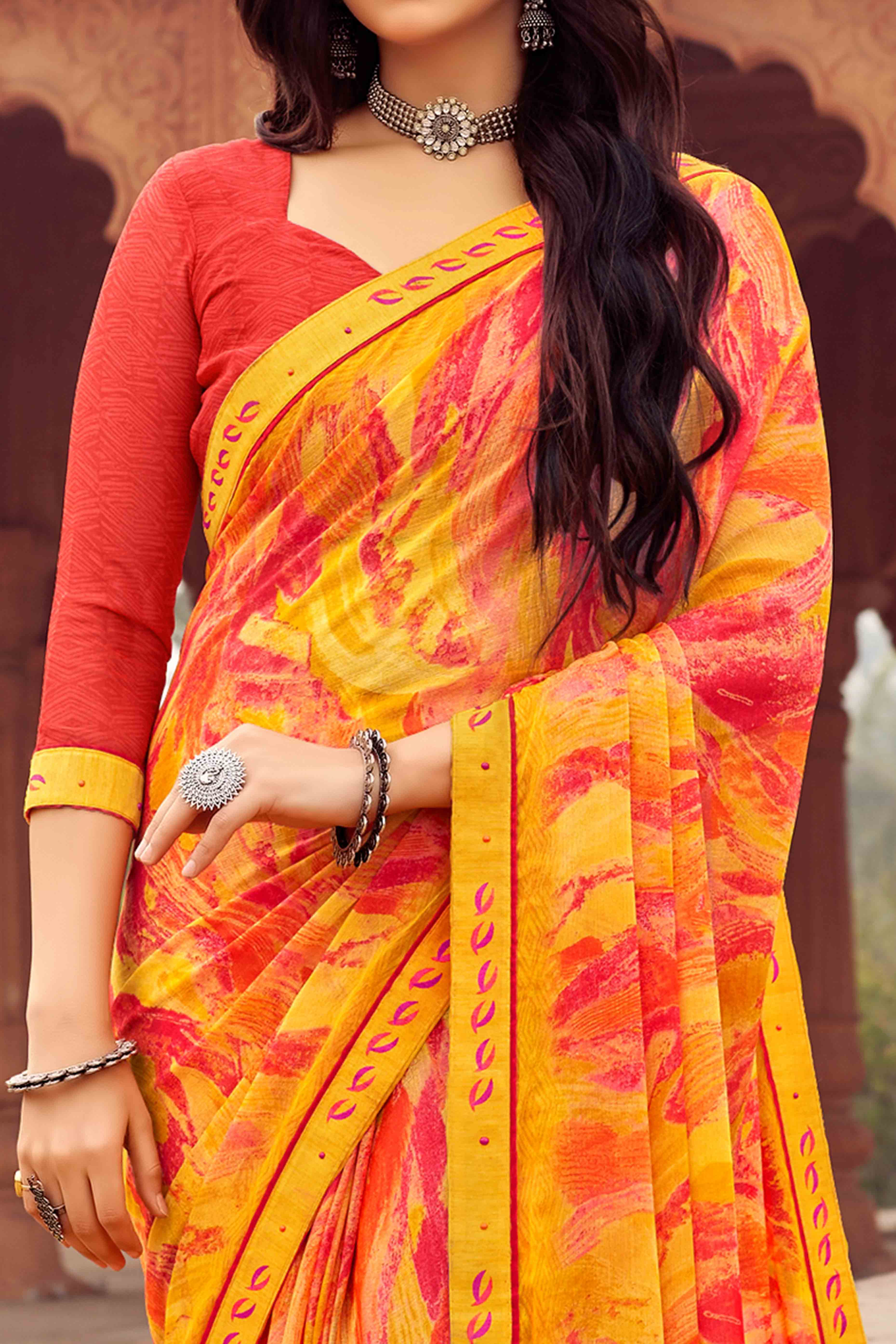 Yellow Abstract Printed Chiffon Saree