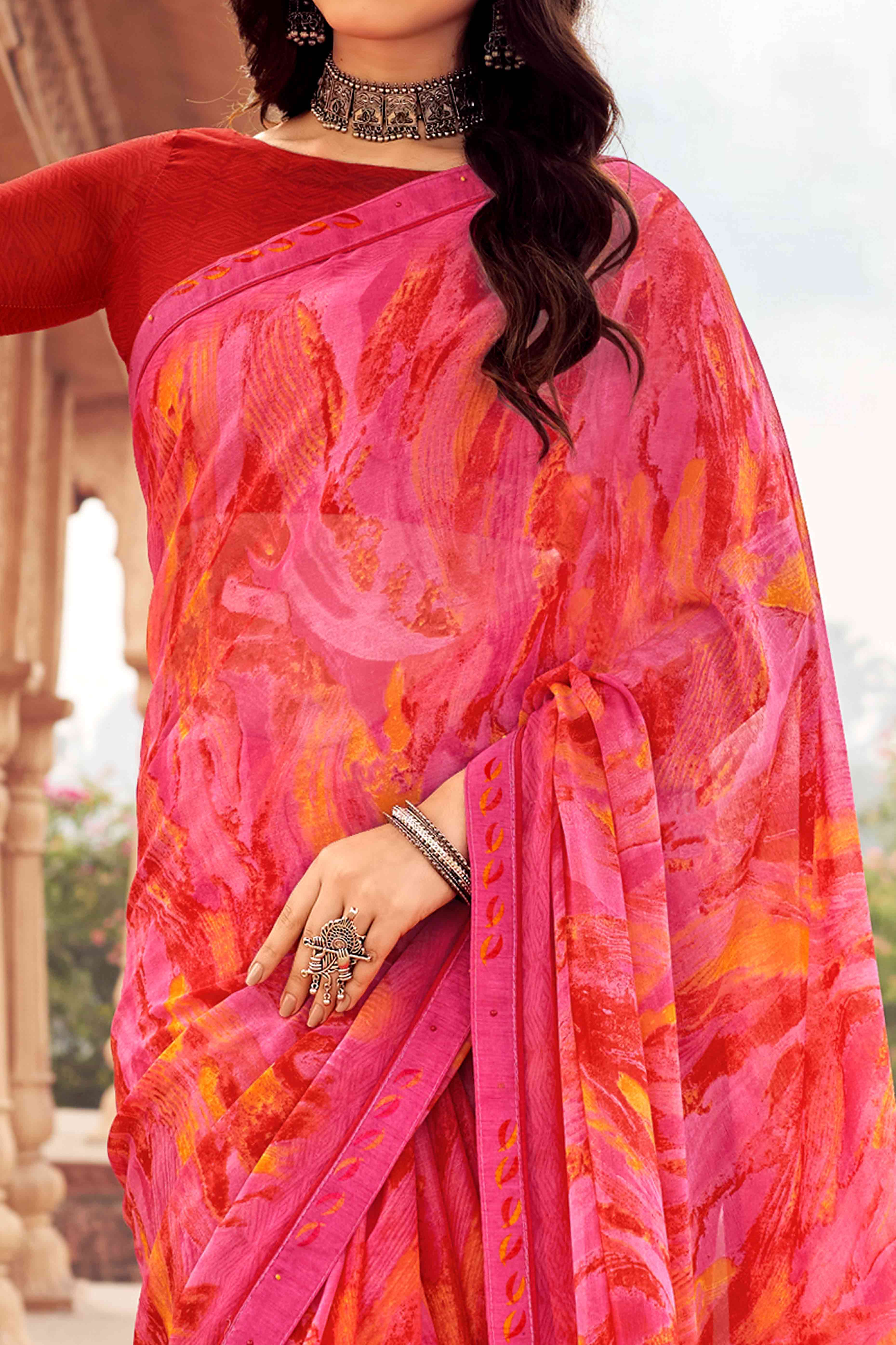 Pink Abstract Printed Chiffon Saree