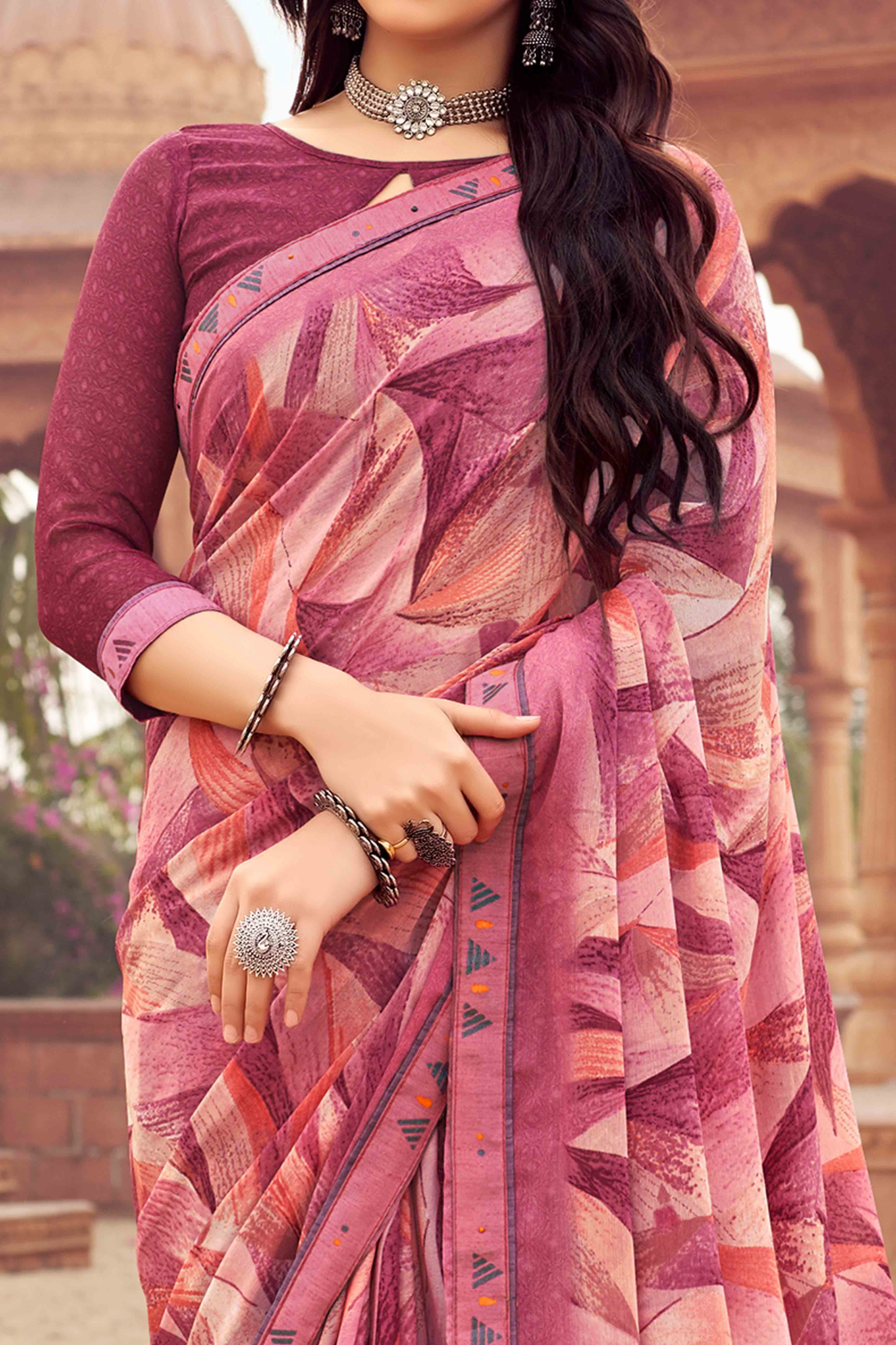 Wine Abstract Printed Chiffon Saree