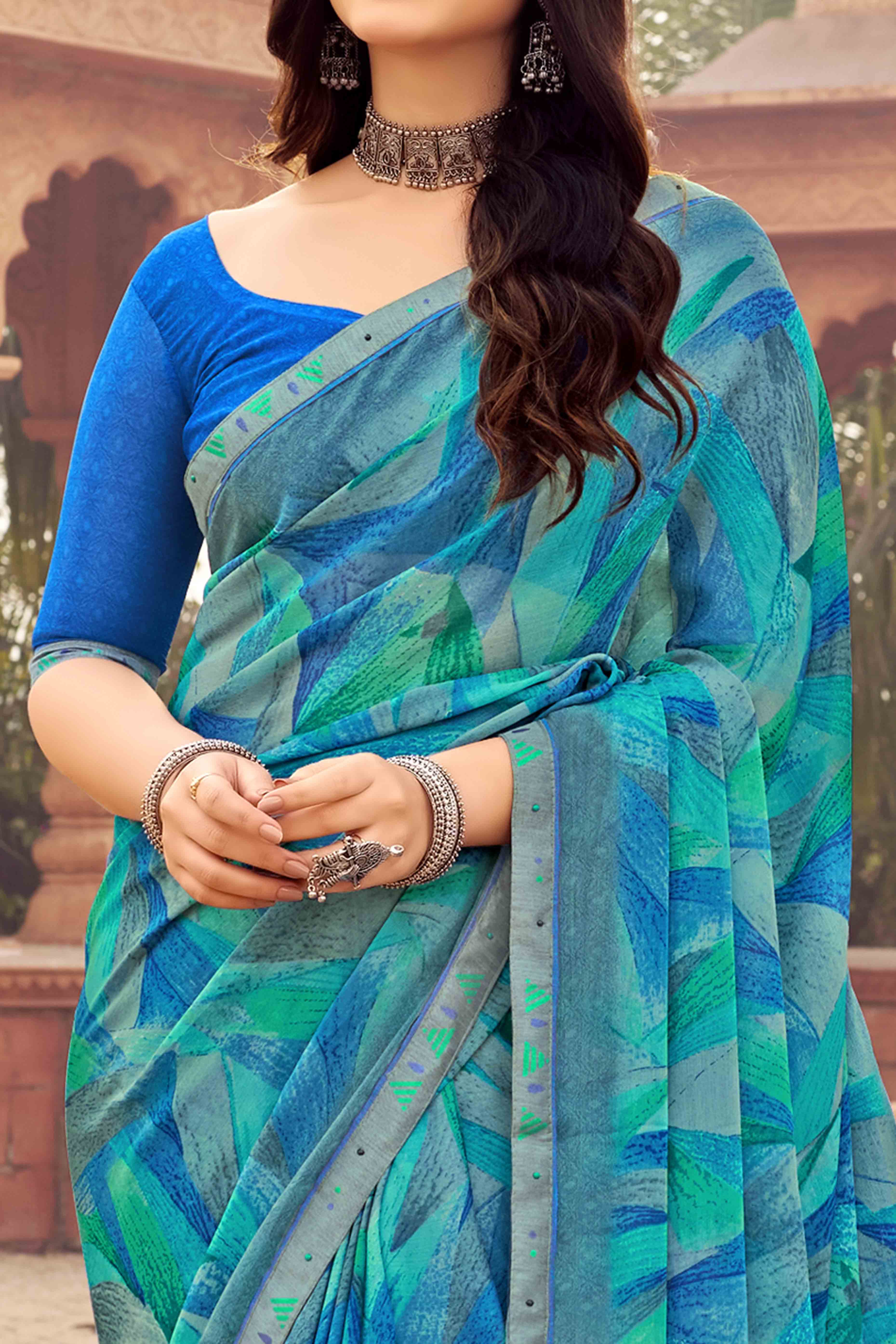 Blue Abstract Printed Chiffon Saree