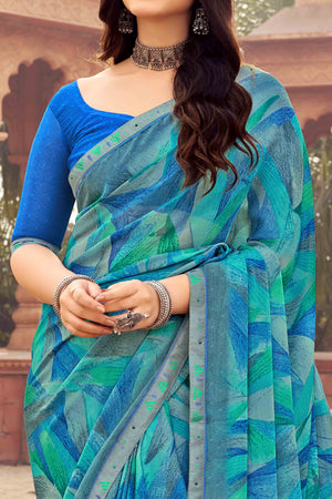 Blue Abstract Printed Chiffon Saree