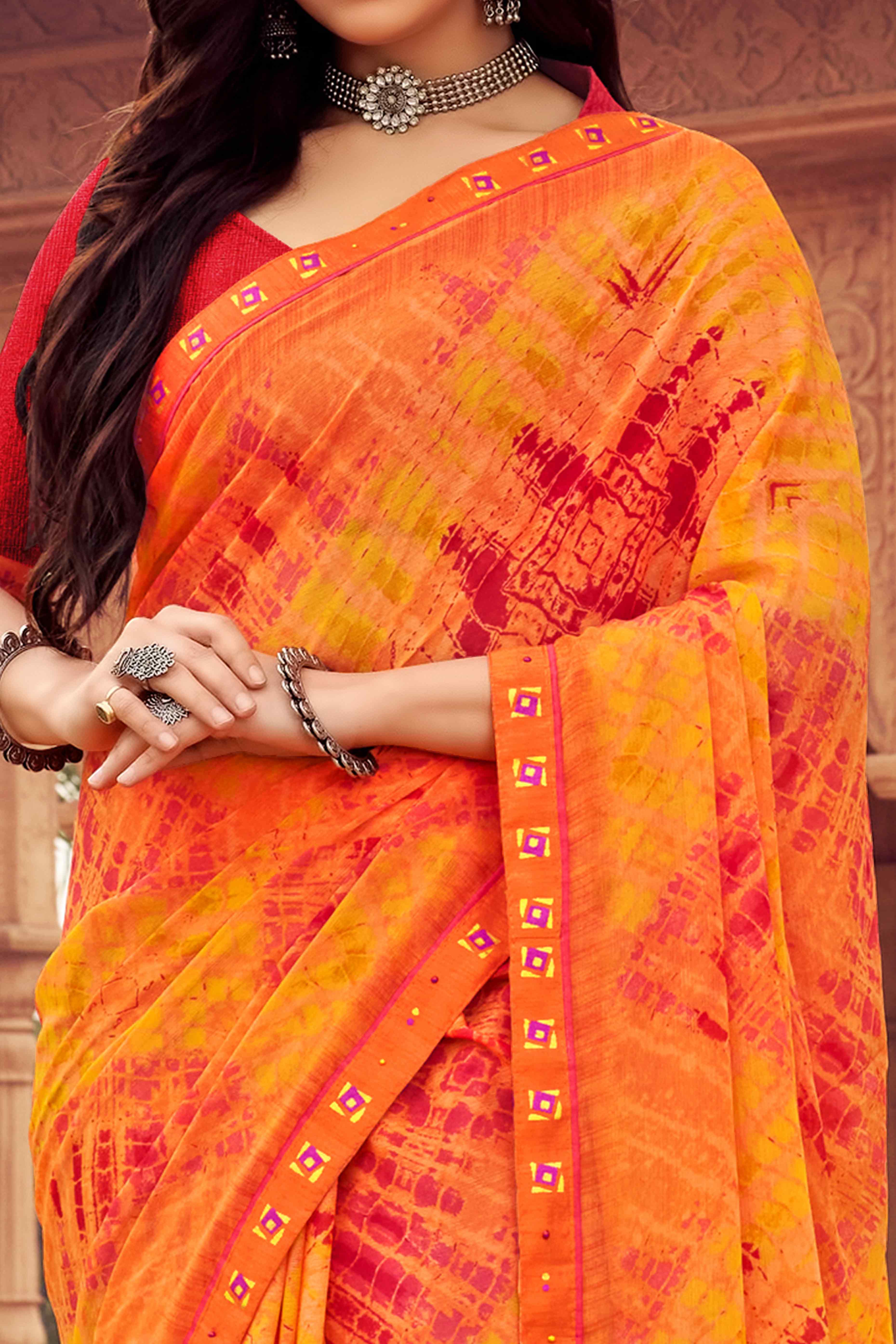 Orange Abstract Printed Chiffon Saree