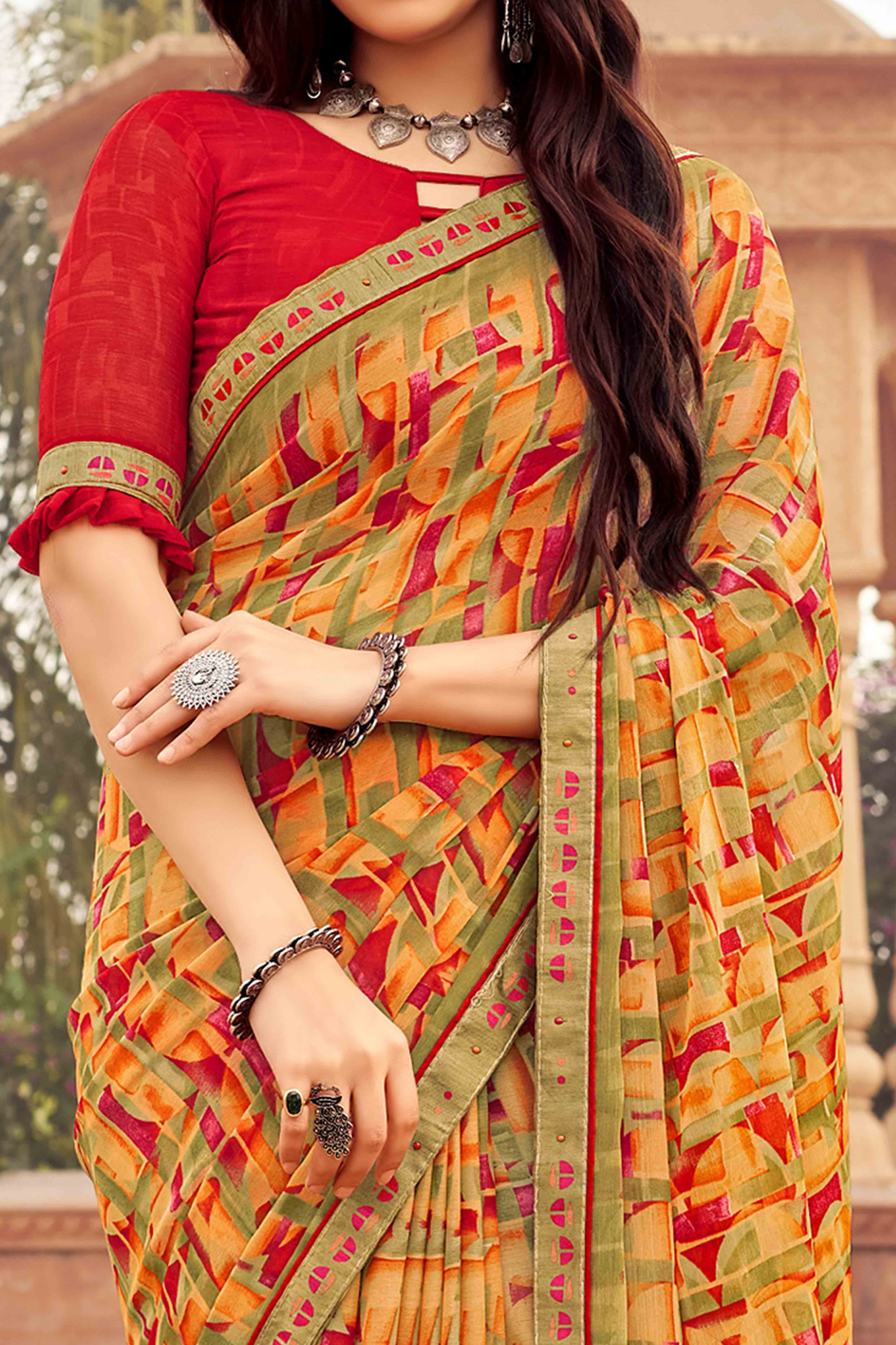 Dull Orange Abstract Printed Chiffon Saree