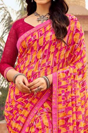 Pink Abstract Printed Chiffon Saree