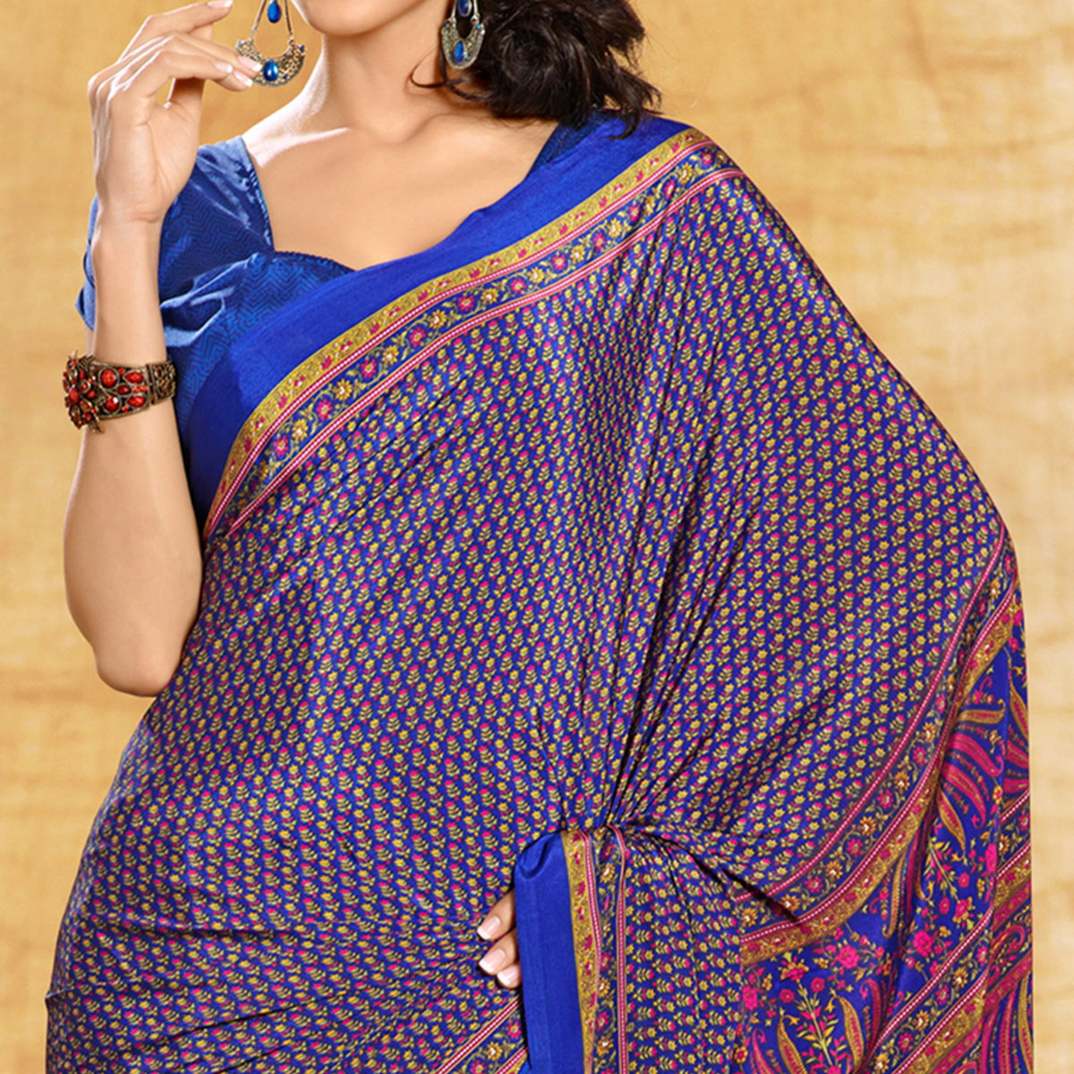 Blue Floral Printed Crepe Silk Saree