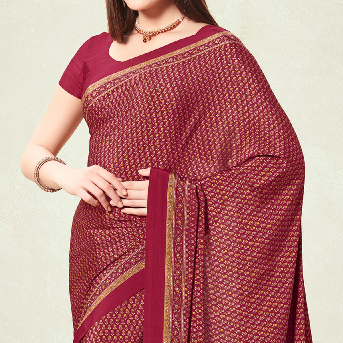 Maroon Floral Printed Crepe Silk Saree