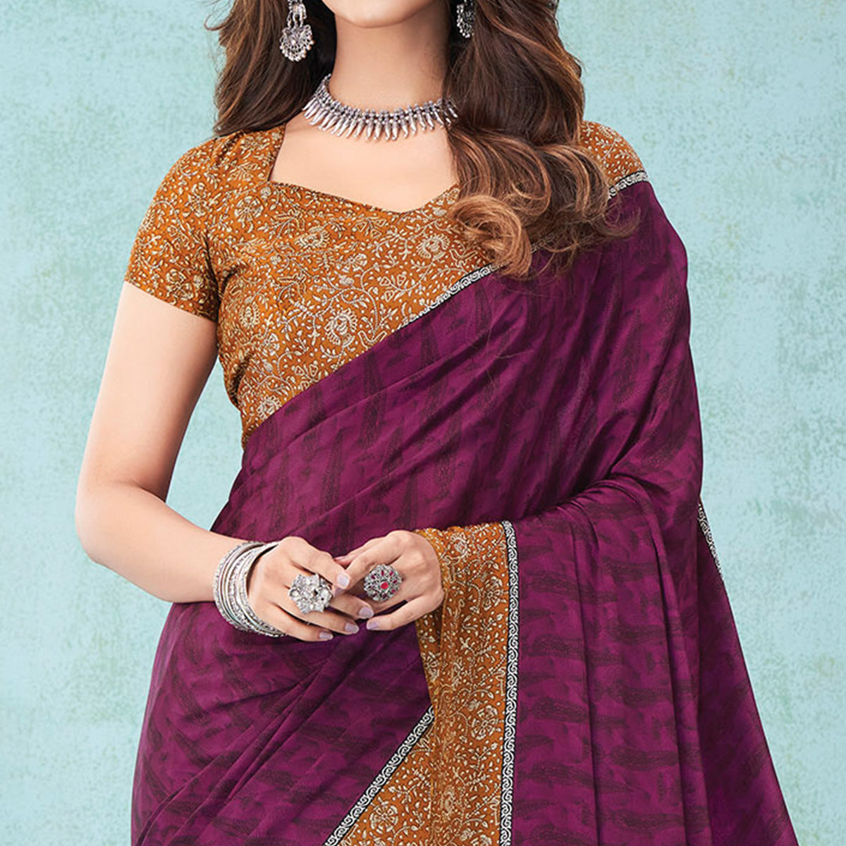 Wine Floral Printed Crepe Silk Saree