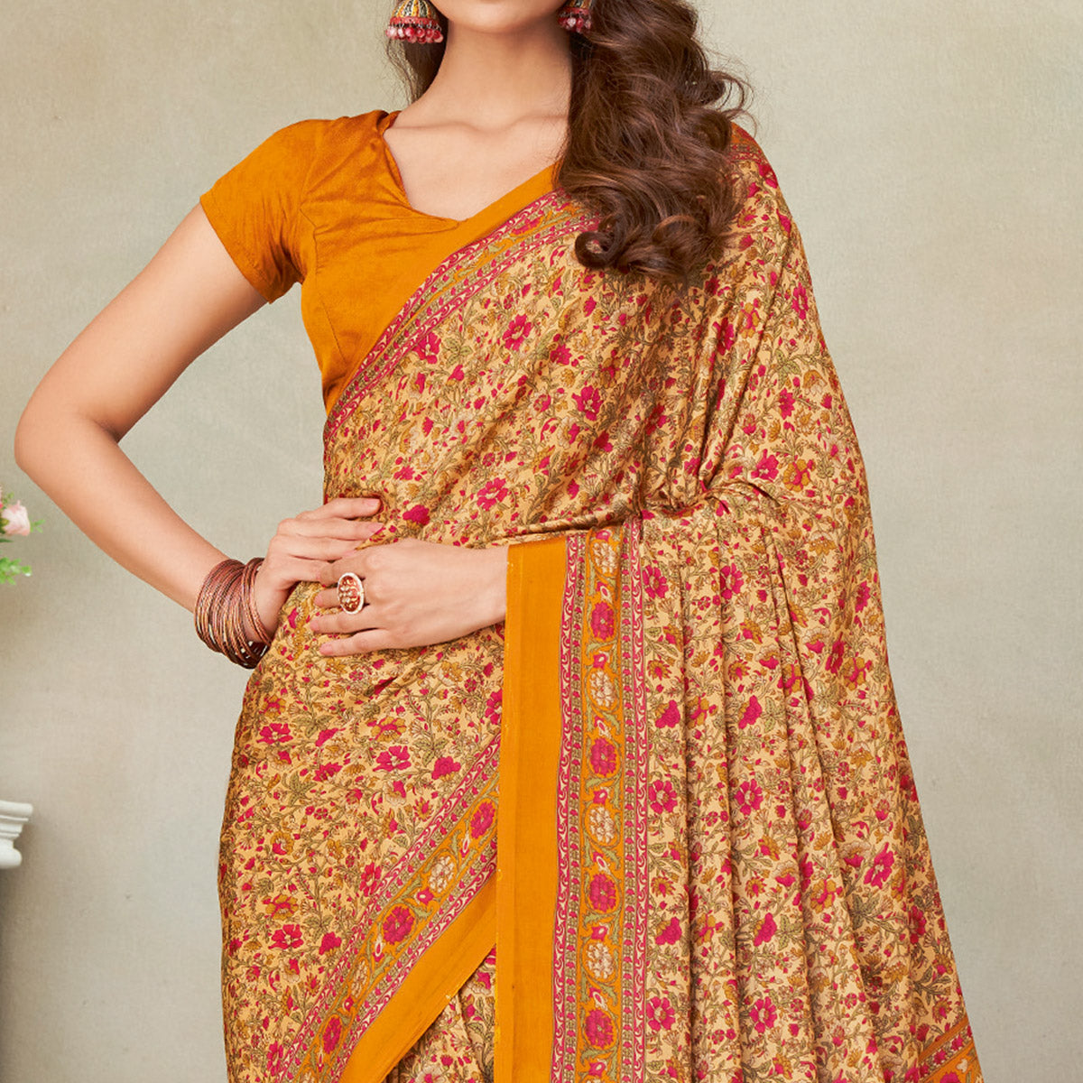 Beige & Mustard Floral Printed Crepe Saree