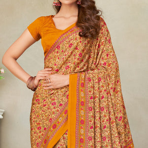 Beige & Mustard Floral Printed Crepe Saree