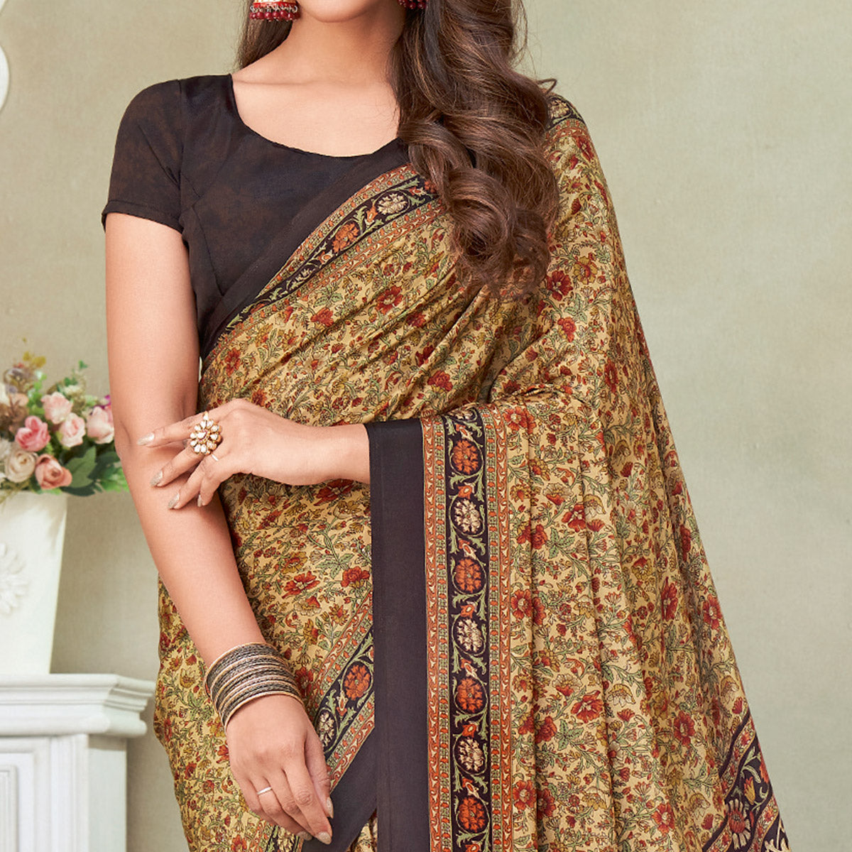 Beige & Brown Floral Printed Crepe Saree