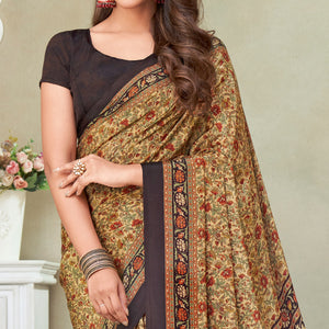 Beige & Brown Floral Printed Crepe Saree