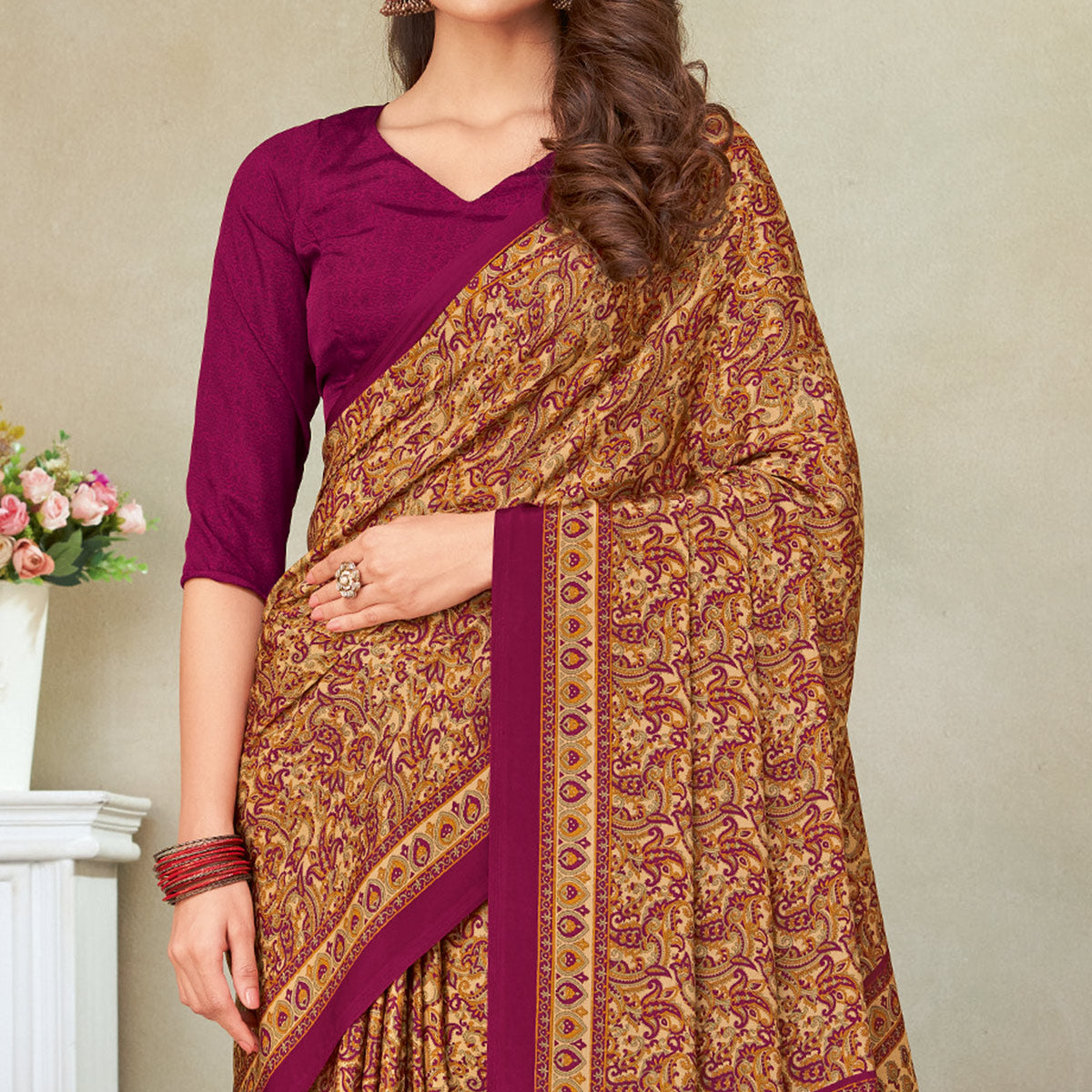 Beige & Magenta Printed Crepe Saree