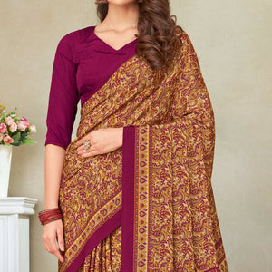 Beige & Magenta Printed Crepe Saree