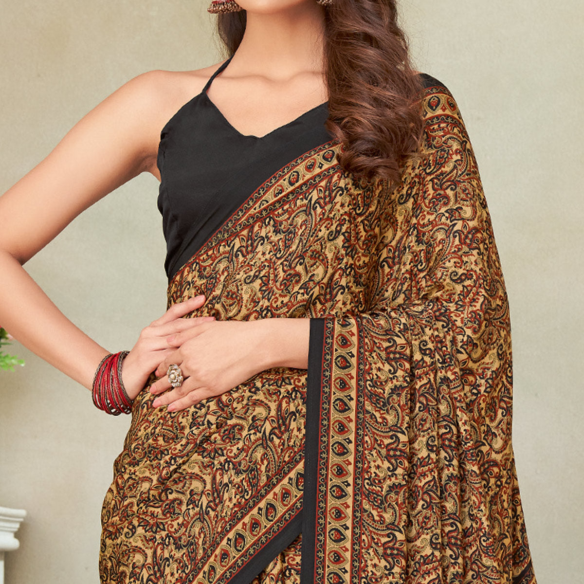 Beige & Black Printed Crepe Saree