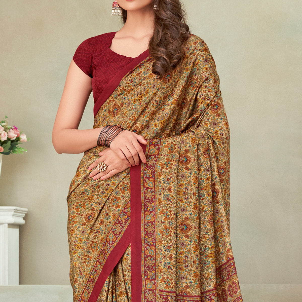Beige & Maroon Floral Printed Crepe Saree