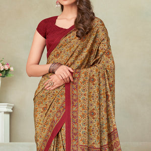 Beige & Maroon Floral Printed Crepe Saree