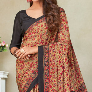 Beige & Black Floral Printed Crepe Saree