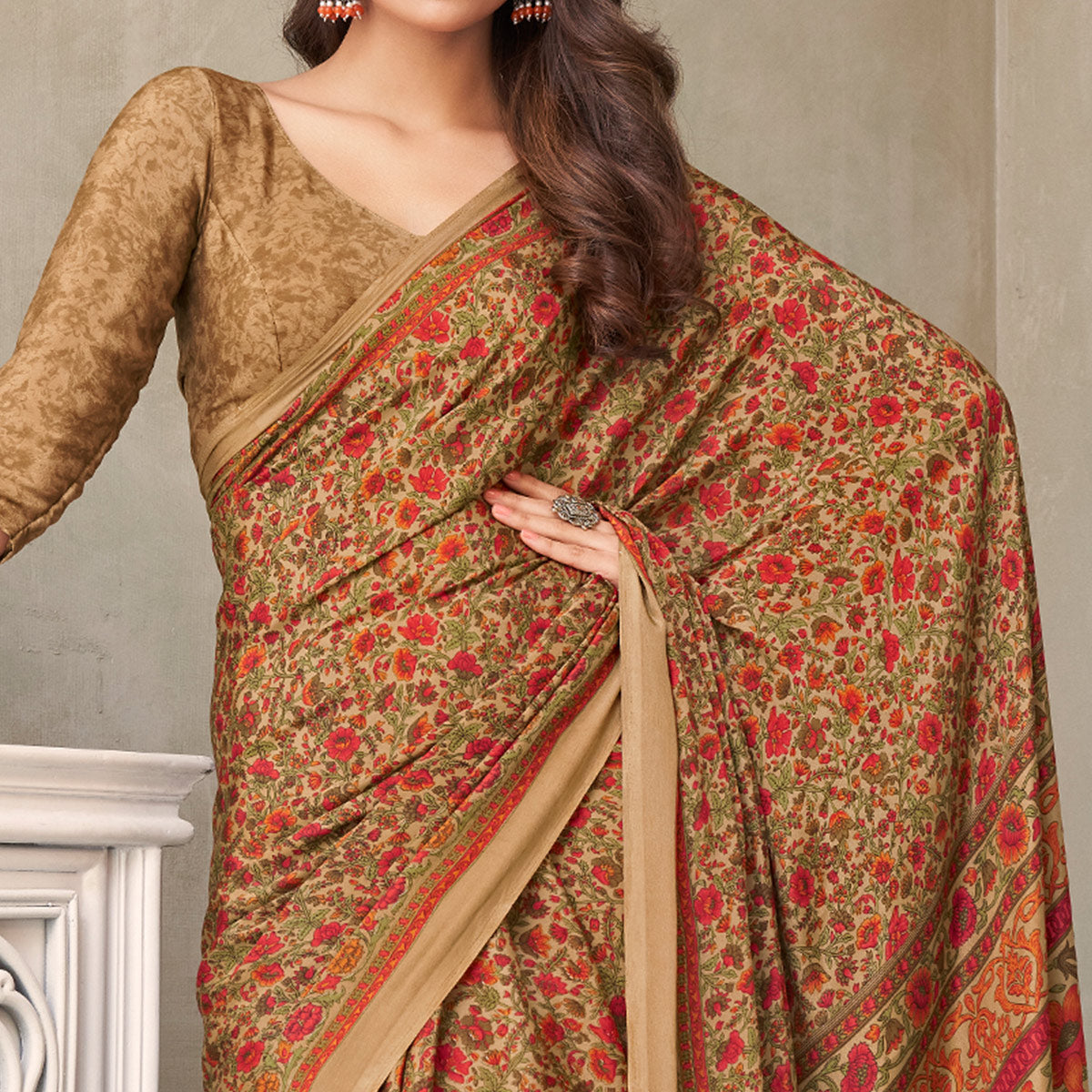 Beige Floral Printed Crepe Saree