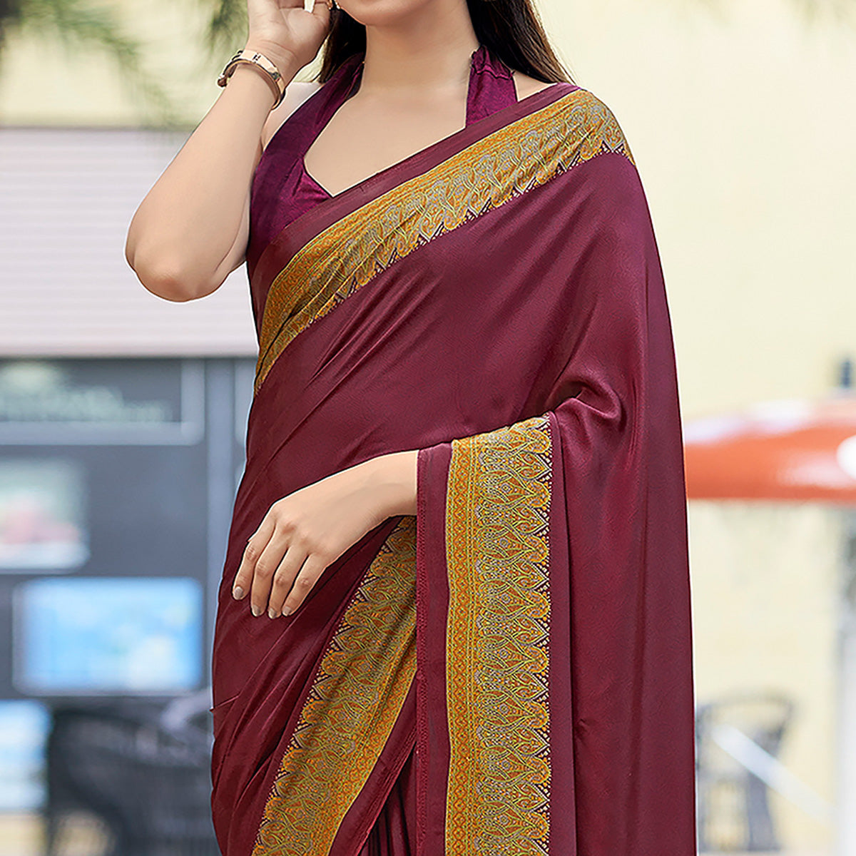 Wine Printed Crepe Silk Saree