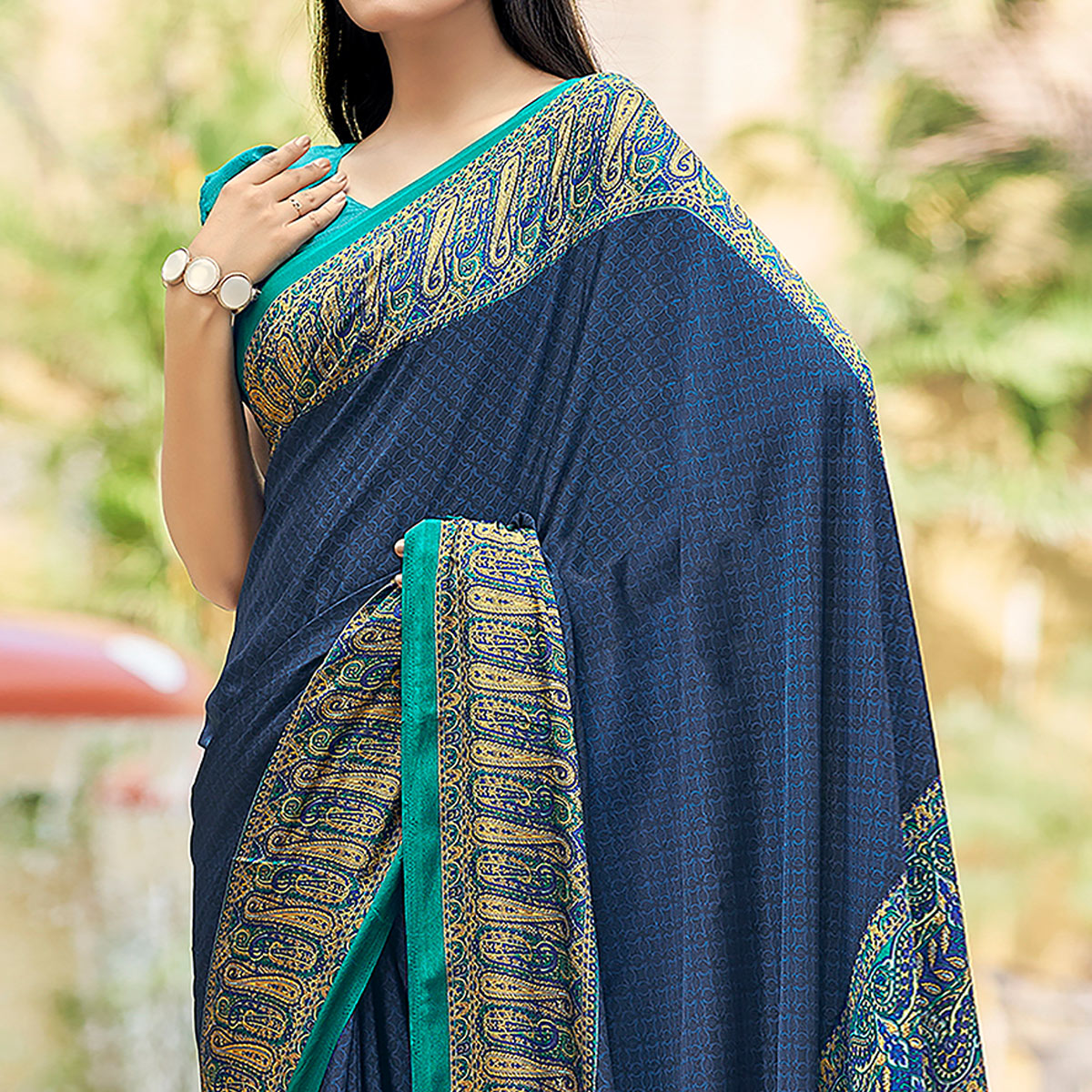 Blue Printed Crepe Silk Saree