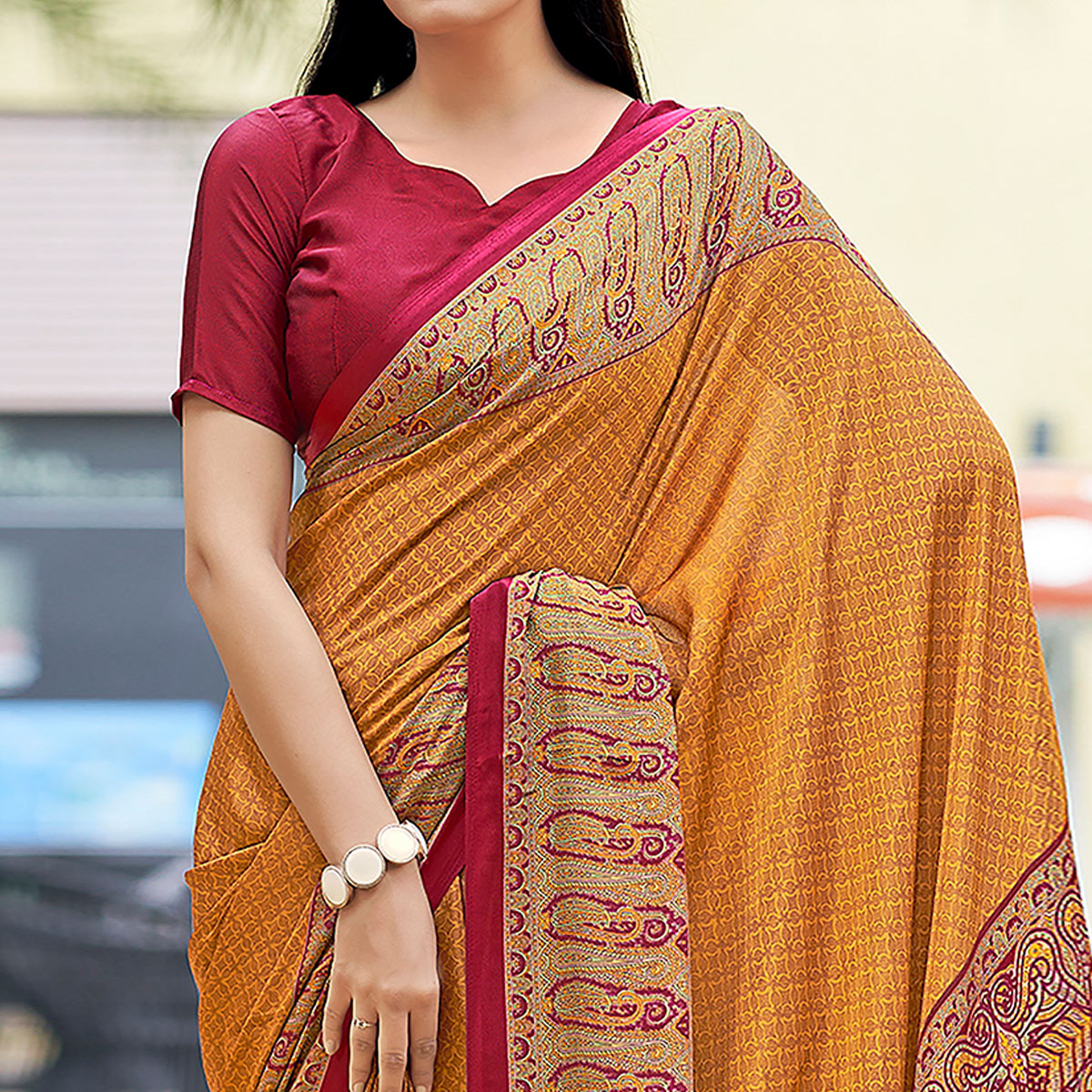 Mustard Printed Crepe Silk Saree