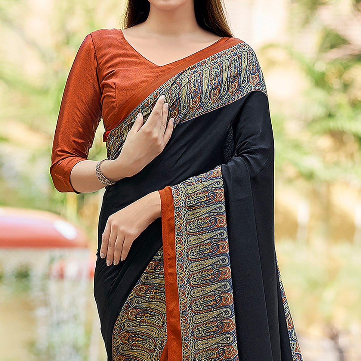 Black Printed Crepe Silk Saree