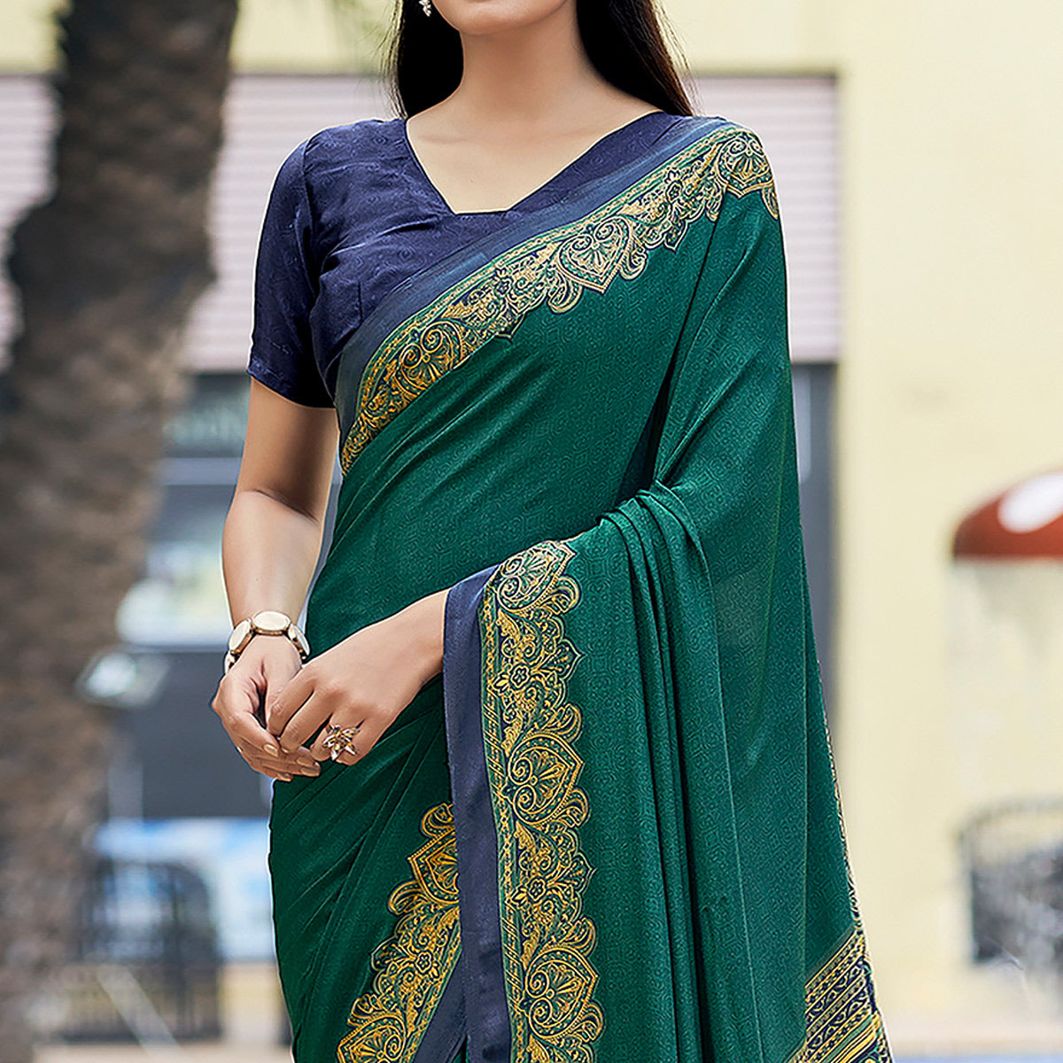 Green Printed Crepe Silk Saree