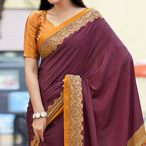 Wine Printed Crepe Silk Saree