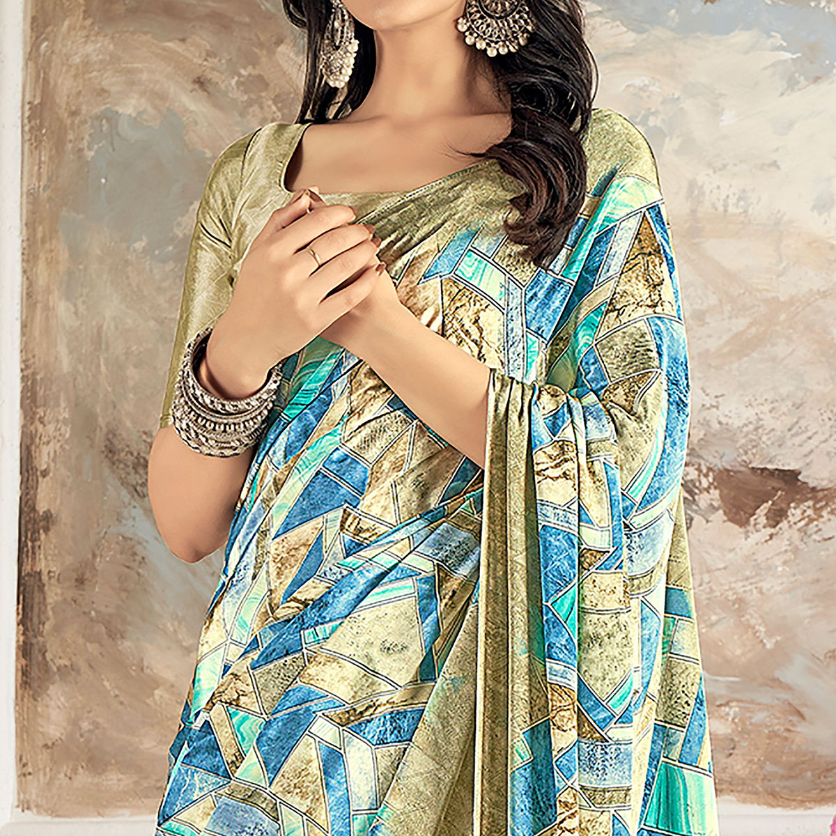 Blue Geometric Printed Crepe Silk Saree