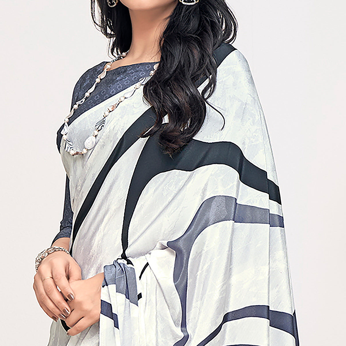 White Printed Crepe Saree