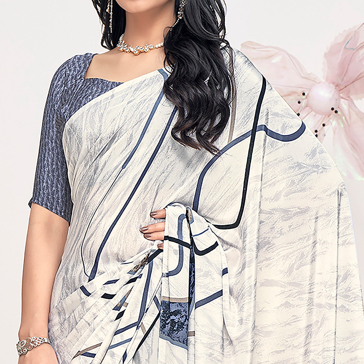 White Printed Crepe Saree