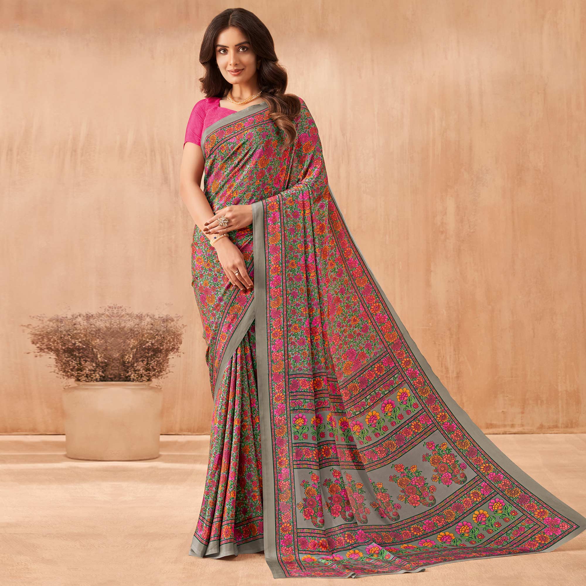 Pink Floral Printed Crepe Saree